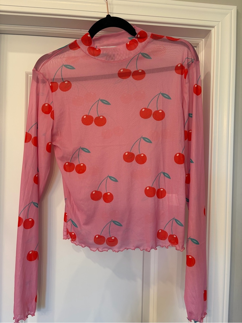 Sheer Pink Cherry-Print Long Sleeve Top